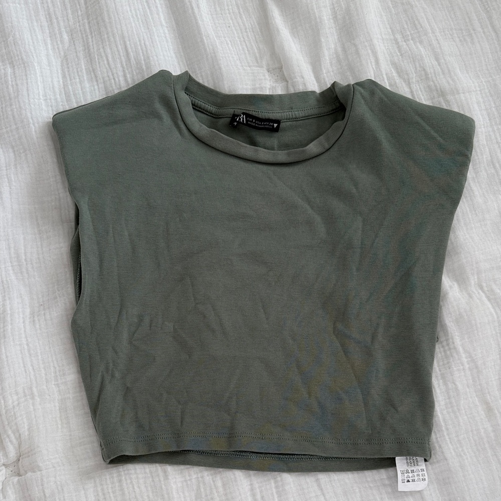 Zara Sage Green Crop Top with Shoulder Pads